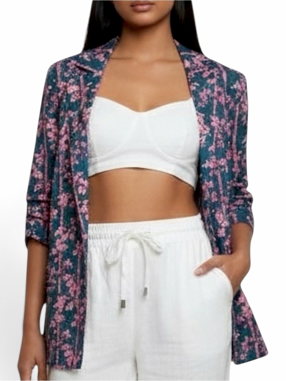 Free People Poolside Teal Pink Linen Blend Open Front Jacket Pacific Ocean Combo